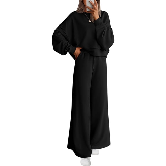 Leidass Womens Crewneck Sweatshirt and Wide Leg Pants Set Long Sleeve Pullover Top with Relaxed Fit Two Piece Tracksuit Black 2XL