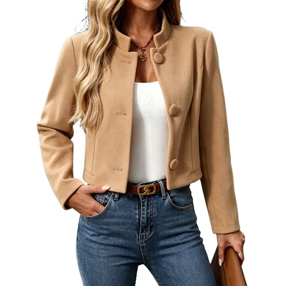 Leidass Womens Cropped Blend Stand Collar Jacket Long Sleeve Button Front Solid Color Casual Short Outerwear for Fall Winter Daily Wear Khaki L
