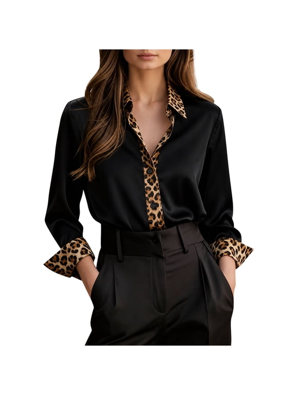 Womens Leopard Patchwork Satin Blouse Long Sleeve Button Up Color Block Trendy Business Casual Top Black L