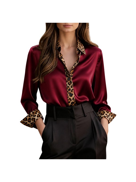 Womens Leopard Patchwork Satin Blouse Long Sleeve Button Up Color Block Trendy Business Casual Top Red 2XL