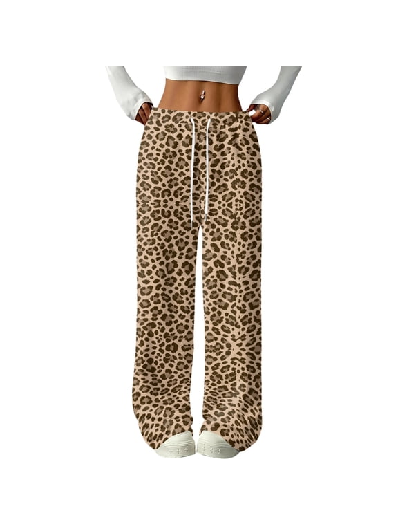 Womens Leopard Print Fleece Lined Trousers Drawstring Elastic Waist Loose Straight Leg Casual Pants Brown 2XL