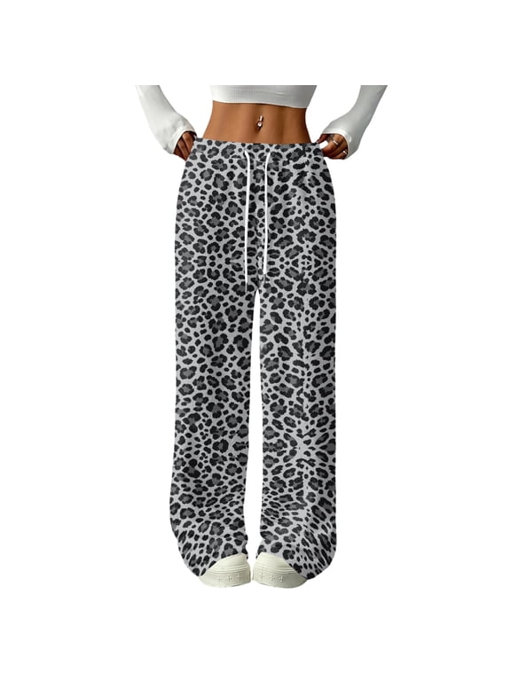 Womens Leopard Print Fleece Lined Trousers Drawstring Elastic Waist Loose Straight Leg Casual Pants Dark Gray S