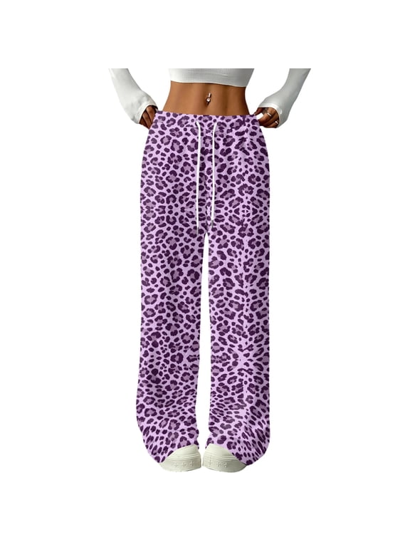 Womens Leopard Print Fleece Lined Trousers Drawstring Elastic Waist Loose Straight Leg Casual Pants Purple 2XL
