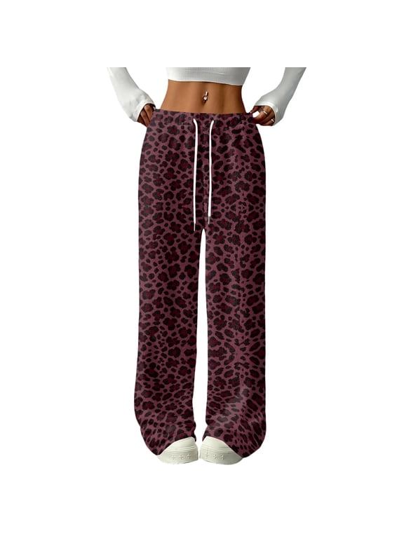 Womens Leopard Print Fleece Lined Trousers Drawstring Elastic Waist Loose Straight Leg Casual Pants Wine S