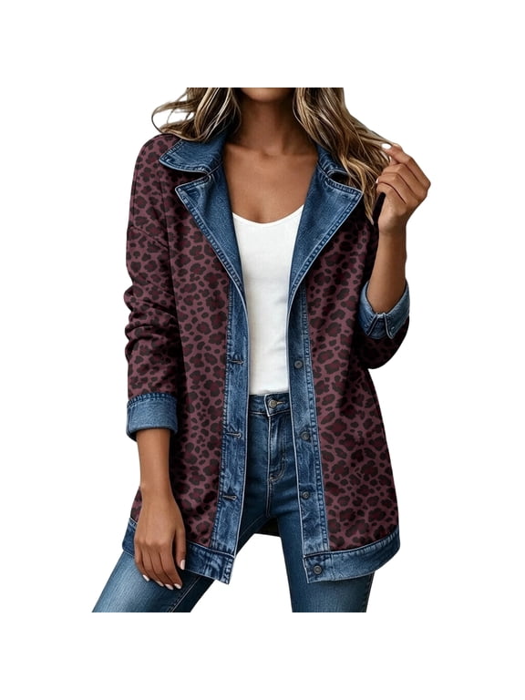 Womens Leopard Print Patchwork Denim Jacket Lapel Collar Button Front Relaxed Long Casual Outerwear Wine L