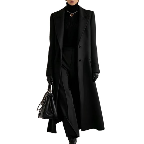 Leidass Womens Long Overcoat Notched Lapel Self Tie Belt Waist Button Front Long Sleeve Solid Tailored Outerwear With Side Pockets Black L