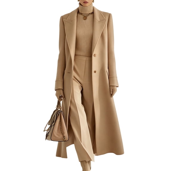 Leidass Womens Long Overcoat Notched Lapel Self Tie Belt Waist Button Front Long Sleeve Solid Tailored Outerwear With Side Pockets Khaki 2XL