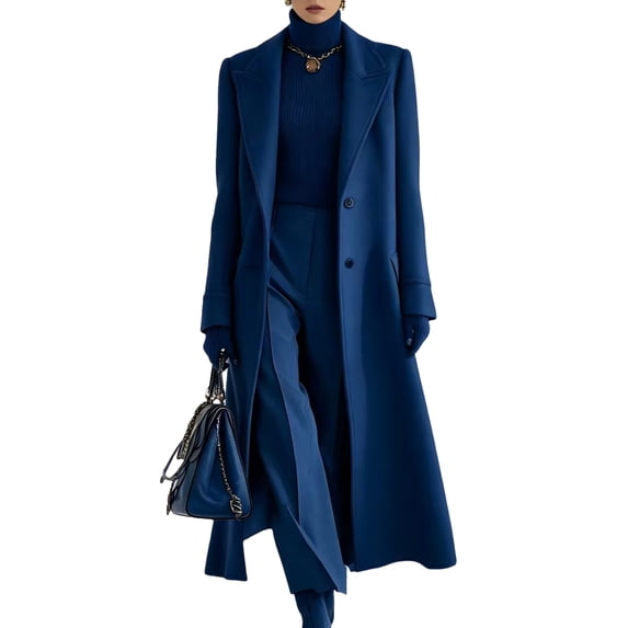 Leidass Womens Long Overcoat Notched Lapel Self Tie Belt Waist Button Front Long Sleeve Solid Tailored Outerwear With Side Pockets Navy M