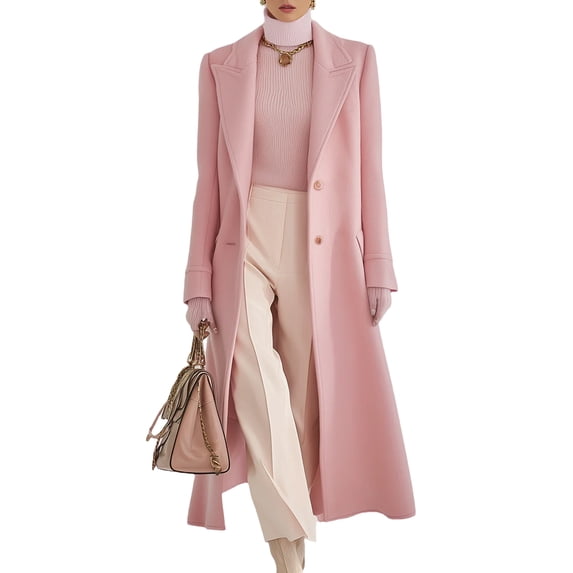 Leidass Womens Long Overcoat Notched Lapel Self Tie Belt Waist Button Front Long Sleeve Solid Tailored Outerwear With Side Pockets Pink XL