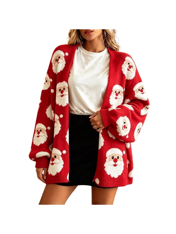 Womens Loose Fit Christmas Knit Cardigan Allover Santa Print Ribbed Edge Holiday Casual Outerwear Khaki M
