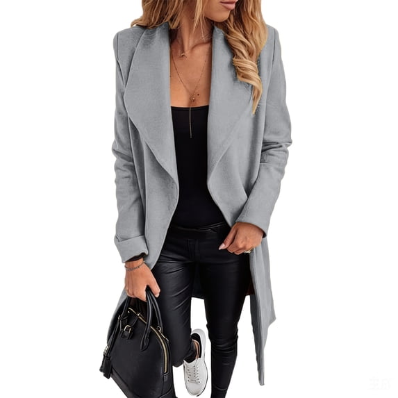 Leidass Womens Mid Length Wrap Coat Shawl Lapel Open Front Self Tie Waist Belt Long Sleeve Solid Casual Outerwear Gray M