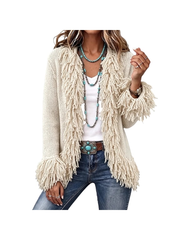 Womens Open Front Fringe Knit Cardigan Long Sleeve Fitted Boho Western Style Patchwork Sweater Outerwear Beige L