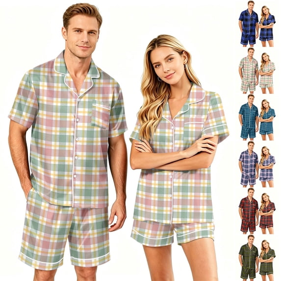 Leidass Womens Plaid Stripe Pajama Set Short Sleeve Button Front Sleepwear Loungewear Set with Shorts Relaxed Fit Two Piece Gray L