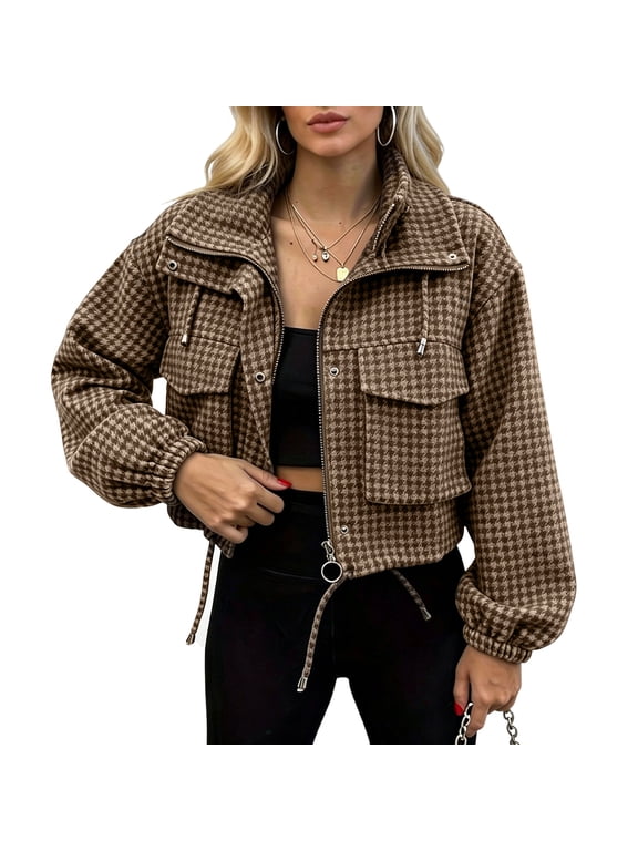 Womens Relaxed Fit Plaid Cropped Utility Jacket Stand Collar Mixed Closure Flap Pockets Long Sleeve Everyday Outerwear Light Brown S
