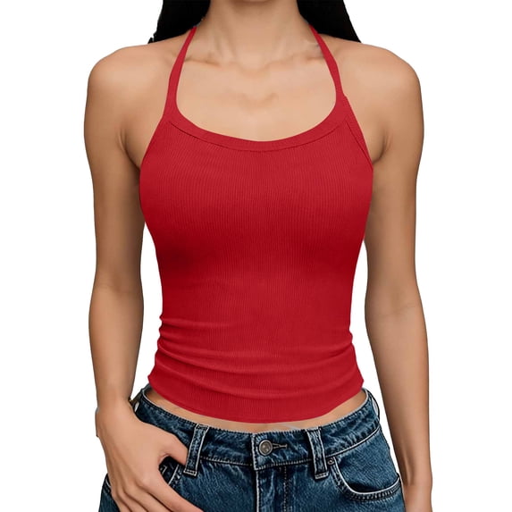 Leidass Womens Spaghetti Strap Scoop Neck Ribbed Tank Top Cami Shirts Red L
