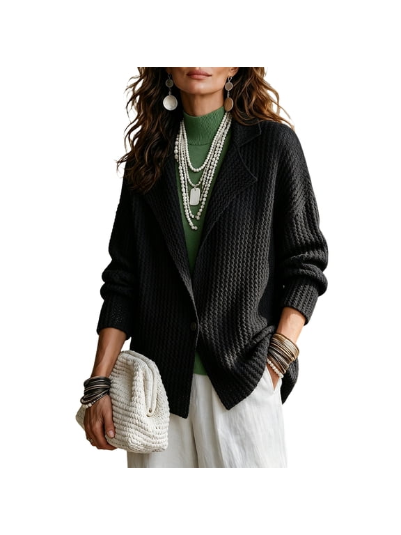 Womens Textured Knit Sweater Coat Blazer Lapel Collar Button Down Long Sleeve Loose Casual Layering Outer Layer Black S
