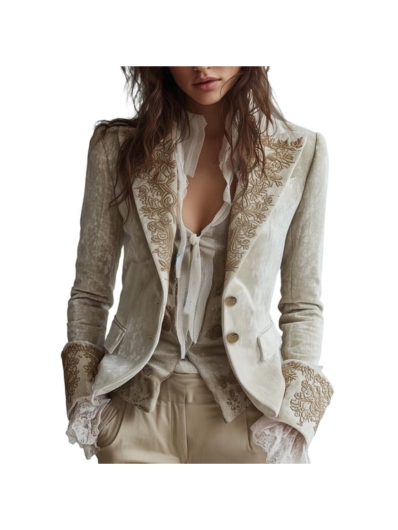 Womens Vintage Inspired Velvet Blazer Fitted Silhouette Printed Lapel Bell Flare Cuffs Button Closure Casual Suit Jacket White S