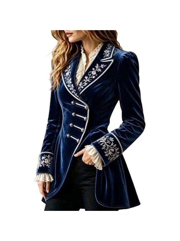 Womens Vintage Velvet Tailored Coat Floral Embroidery On Lapel And Cuffs Fitted Waist Flared Hem Long Sleeve Outerwear Navy XL