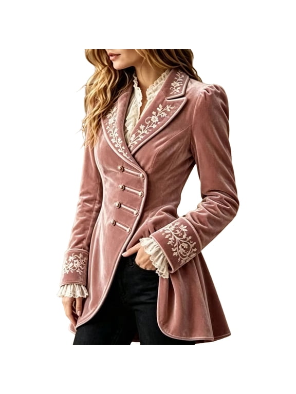 Womens Vintage Velvet Tailored Coat Floral Embroidery On Lapel And Cuffs Fitted Waist Flared Hem Long Sleeve Outerwear Pink 2XL