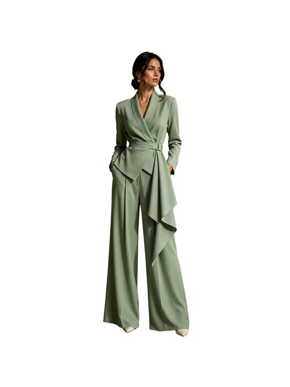 Womens Wrap Two Piece Suit V Neck Long Sleeve Self Tie Belt High Waist Wide Leg Full Length Pants Business Outfit Light Green M