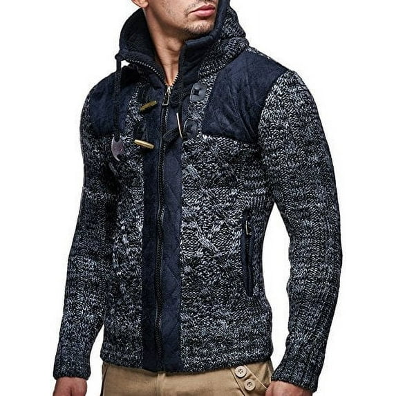 Leif Nelson LN20525 Men's Knit Zip-up Jacket With Geometric Patterns and Leather Accents