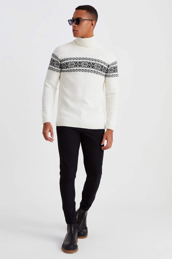 Men's Turtleneck Sweater With Norwegian Pattern - Blue