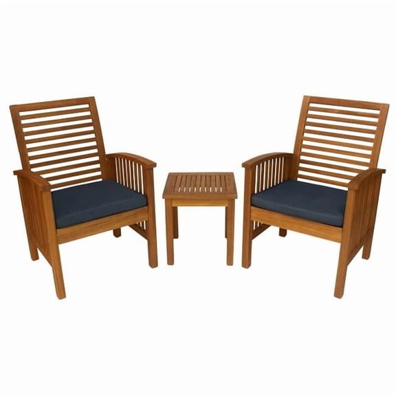 Leigh Country Sequoia Collection Patio Chat Set - Weatherproof Acacia Wood - 3 Piece, Blue Cushions