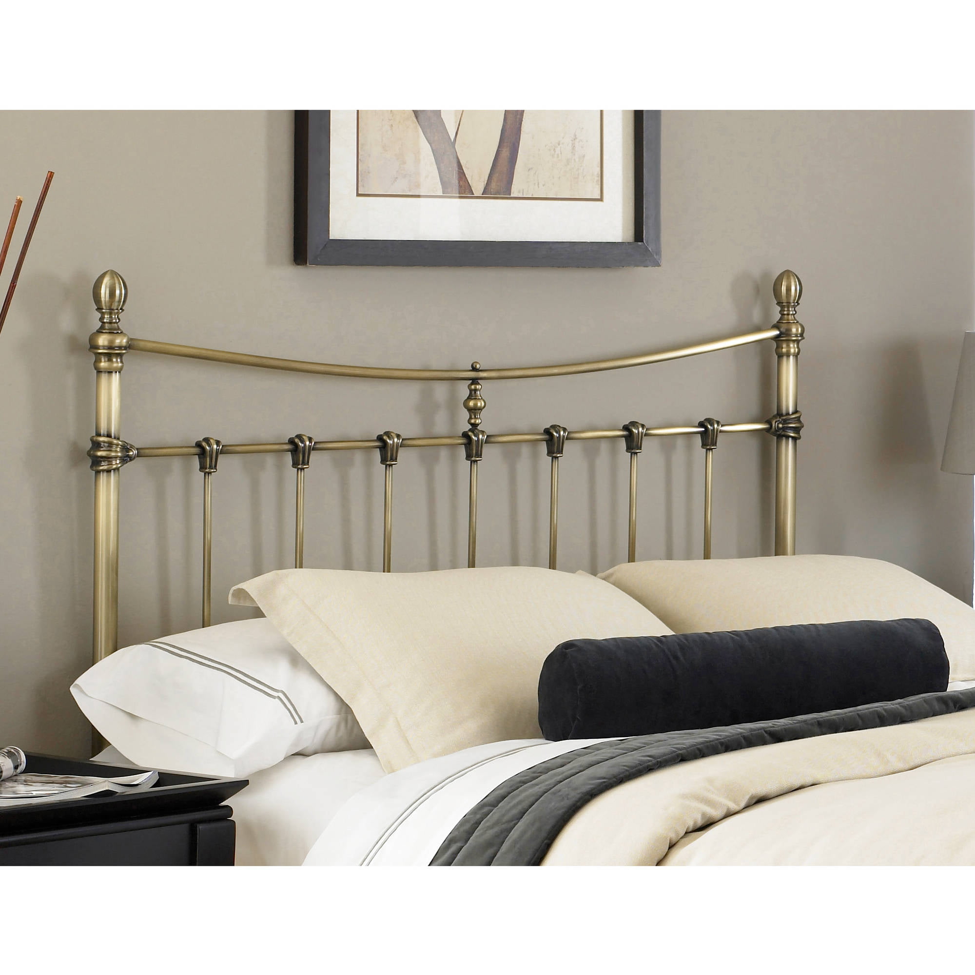 Leighton Metal Headboard Panel with Straight-Lined Spindles and Scalloped  Castings, Glazed Brass Finish, Full 