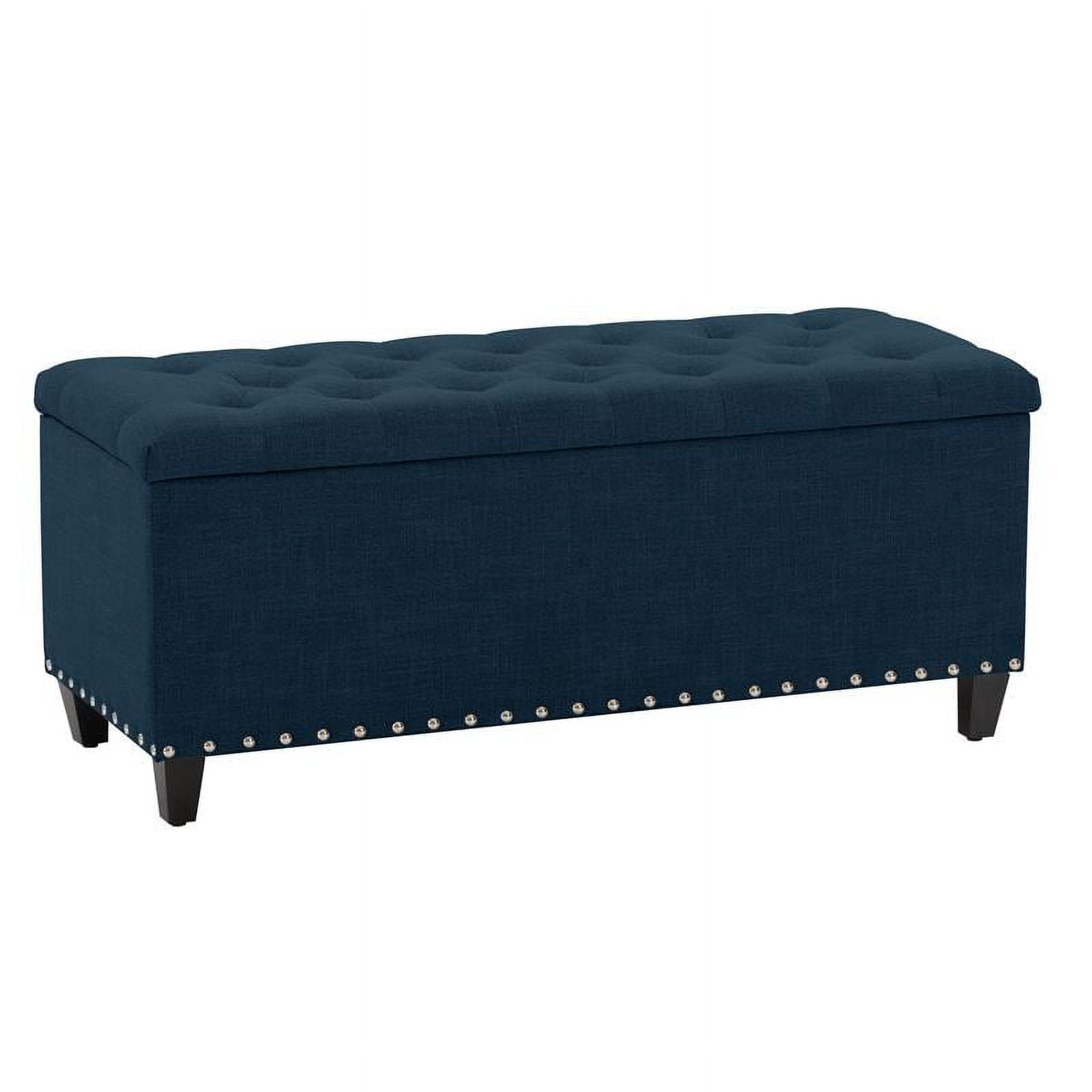 Navy Blue Tufted Fabric Storage Ottoman with Nailhead Trim