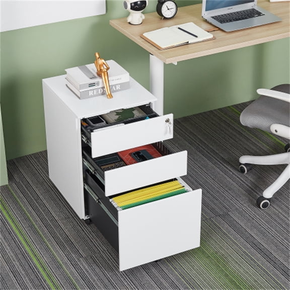 Leiln.Z 3 Drawer Mobile File Cabinet with Lock, Under Desk Metal File Cabinet for Legal/Letter/A4 Files, Fully Assembled, with Wheels, White