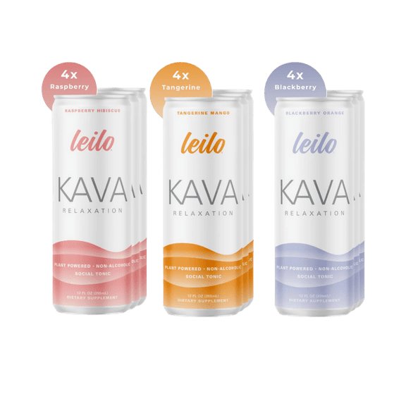 Leilo | Kava Powered Sparkling Relaxation Drink | Classic Variety 12-Pack – Non-Alc Calming Beverage – includes 4 of each: Raspberry Hibiscus, Tangerine Mango, Blackberry Orange | 12 fl oz Cans (Pack