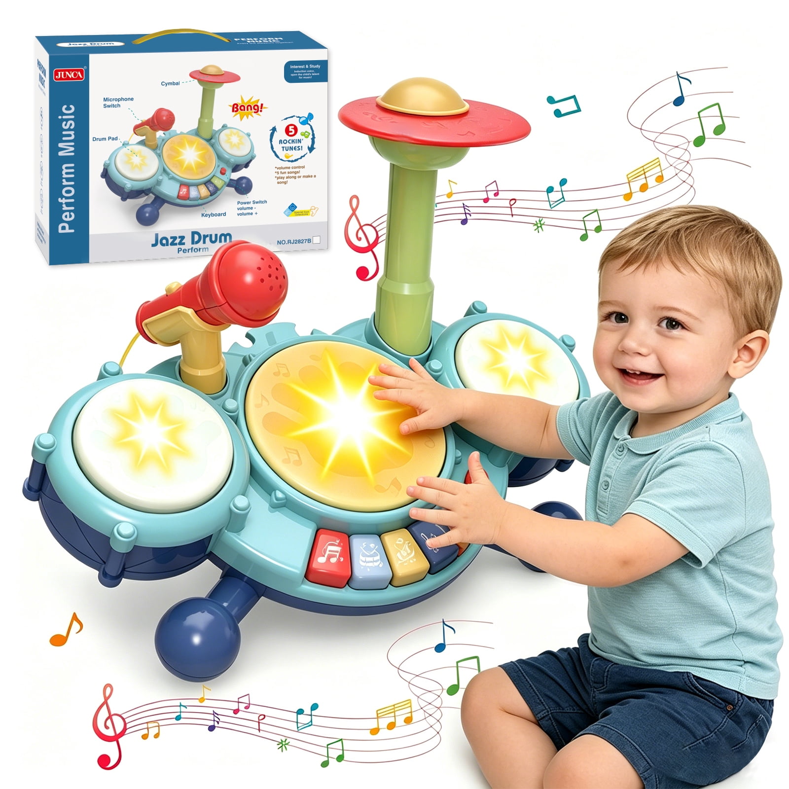 Leimiao Kids Drum Set for Toddlers, Montessori Musical Toys with Microphone, Learning Developmental 1-4 Years Baby Gift (Blue)