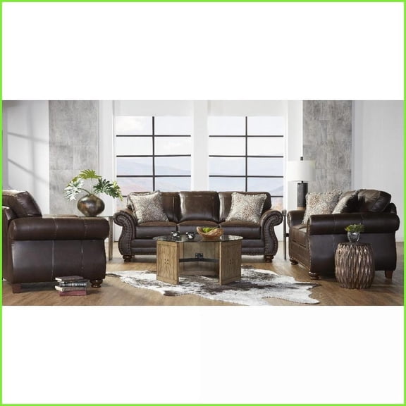 Leinster 3-Piece Faux Leather Living Room Set Sofa, Loveseat, Chair with Rolled Arms & Nailhead Trim | Brown | Solid Hardwood | Faux Leather