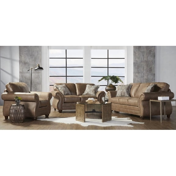 Leinster Faux Leather 3-Piece Sofa Set with Bronze Nailheads | Ginger Brown Upholstery