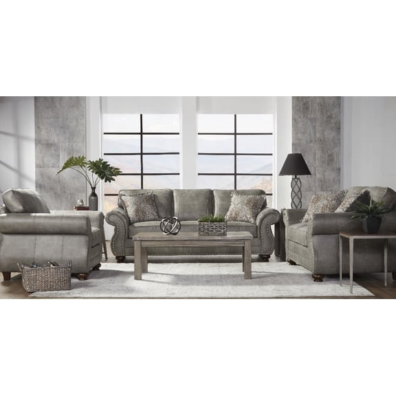Leinster Faux Leather Living Room Collection: Gray Sofa, Loveseat & Chair