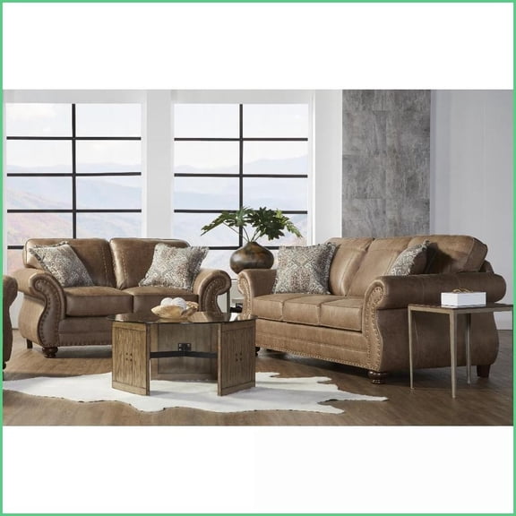 Leinster Faux Leather Sofa and Loveseat with Rolled Arms & Antique Bronze Nailheads | Brown | Solid Hardwood | Faux Leather