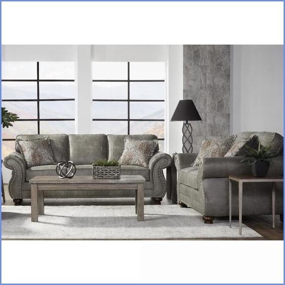 Leinster Stone Gray Faux Leather Sofa & Loveseat Set | Solid Hardwood | Rolled Arms | Transitional Living Room
