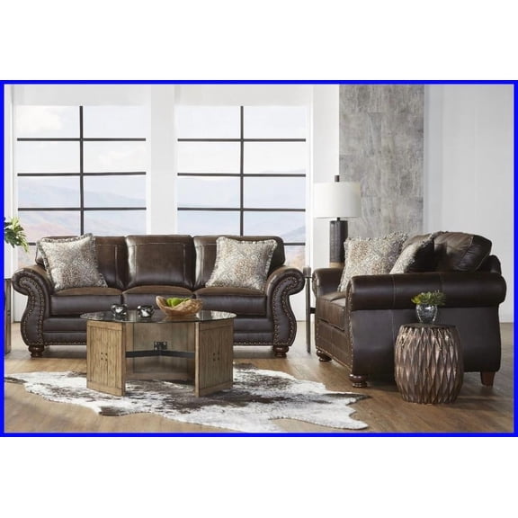 Leinster Traditional Faux Leather Sofa & Loveseat Set with Nailhead Trim & Rolled Arms for Living Room