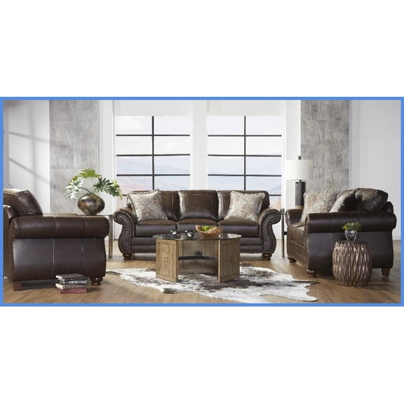 Leinster Transitional Espresso Faux Leather 3-Piece Sofa Set with Nailhead Trim for Living Room
