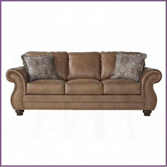 Leinster Transitional Ginger Brown Faux Leather Sofa with Antique Bronze Nailheads  Living Room Ready