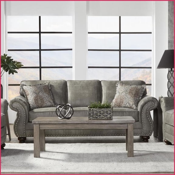 Leinster Transitional Gray Faux Leather Sofa | Solid Hardwood Frame | Rolled Arms | Nailhead Trim Living Room