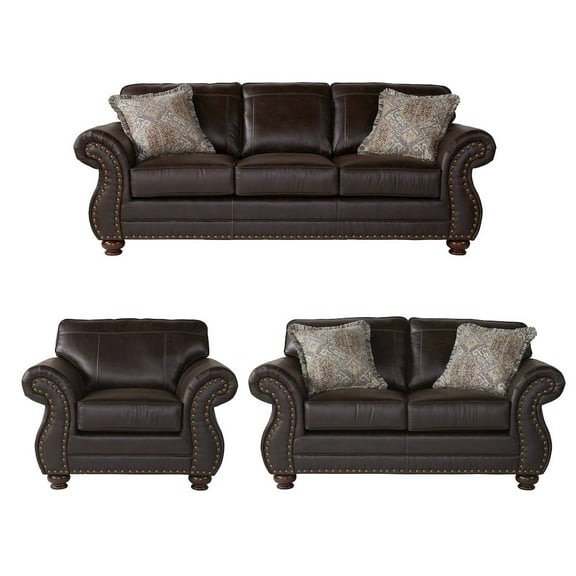 Roundhill Furniture Leinster Faux Leather Nailhead Sofa, Loveseat, and Chair Set in Espresso