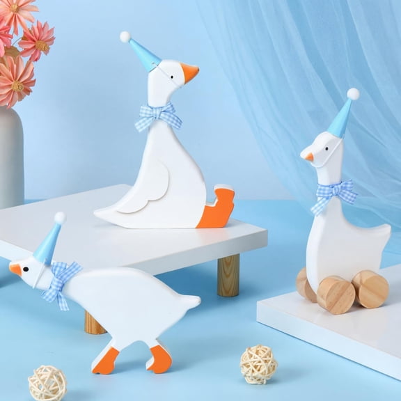 Leinuosen 3 Set One Silly Goose Birthday Decorations Inch Silly Goose Birthday Table Centerpiece Funny 1st Party Supplies Wooden Geese Push Pull Figurine Shelf Table Decor for Baby Shower(Blue) Y114