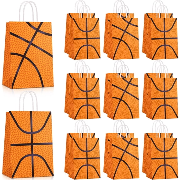 Leinuosen 50 Pcs Basketball Tennis Party Bags Baseball Tennis Gift Goodie Favor Treat Candy Goody Bags with Handle for Sports Theme Birthday Party Supplies (Basketball) Y101