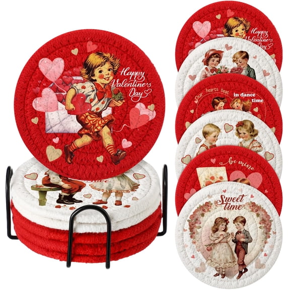 Leinuosen 6 Pcs Valentine Coasters Handmade Braided Cotton Holiday Drink Mats Festive Vintage Couple Design Anti Slip Absorbent Cup Coasters for Gift Home Party Decor(Vintage Valentines) C113