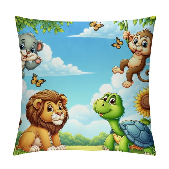 Leisuo Cartoon Throw Pillow Cushion Cover, Relaxing in Flowers Nature Butterfly Lion King Graphic, Decorative Rectangle Accent Pillow Case,Orange Blue Yellow