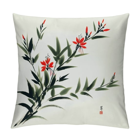 Leisuo Decorative Square Throw Pillow Cover Black Ink Painting Flower Brush Colorful Bush Orchid Beautiful On Nature Calligraphy Artwork Asia Soft Cushion Pillowcase Case for Bed Chair White