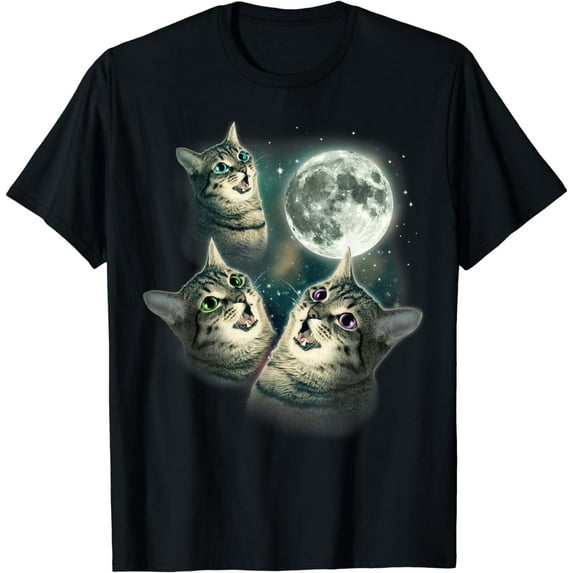 Leisuo Funny Cat Shirt | Three Cat Moon 6 Wolfs Cute Kitten Graphic T-Shirt black