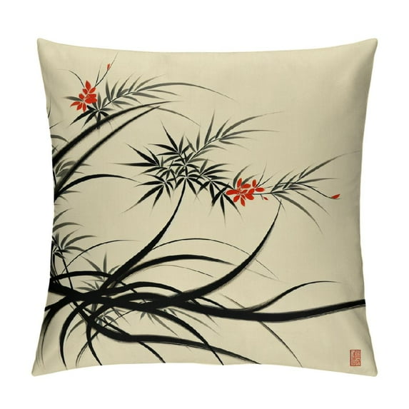 Leisuo Pillow Cover Black Ink Painting Flower Brush Colorful Bush Orchid Beautiful On Nature Calligraphy Artwork Asia Soft Decorative Square Throw Pillow for Couch Sofa Cushion Cover White