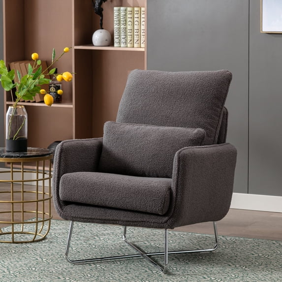 Leisure Accent Chair, Modern Comfy Teddy Short Plush Armchair with Lumbar Pillow and Unique Legs, Upholstered Single Sofa Armchairs for Bedroom,Living Room